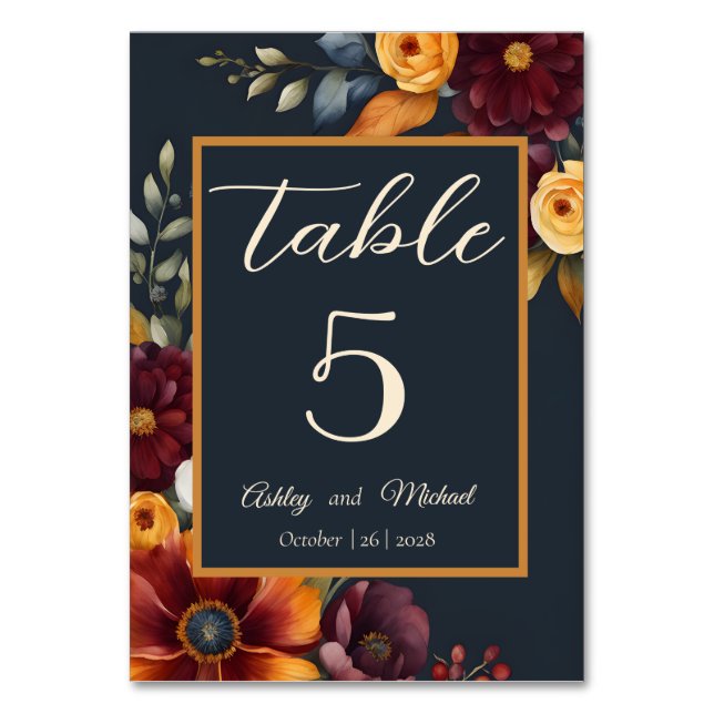 Navy and Yellow Fall Wildflower Wedding Table Number (Front)