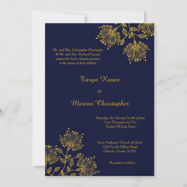 Navy and Yellow Floral 5x7 Wedding Invitation (Front)