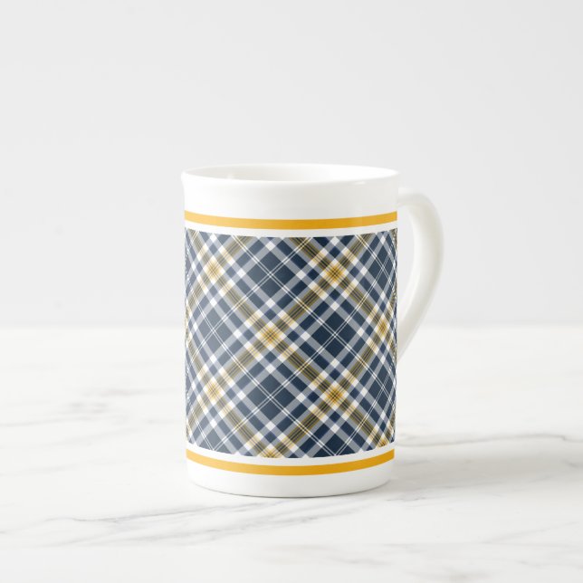 Navy and Yellow Gold Sporty Plaid Bone China Mug (Front Right)