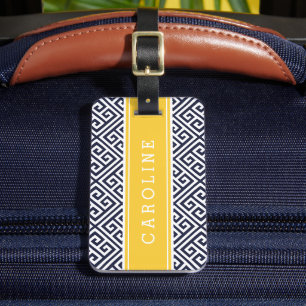 Navy and Yellow Greek Key Custom Monogram Luggage Tag