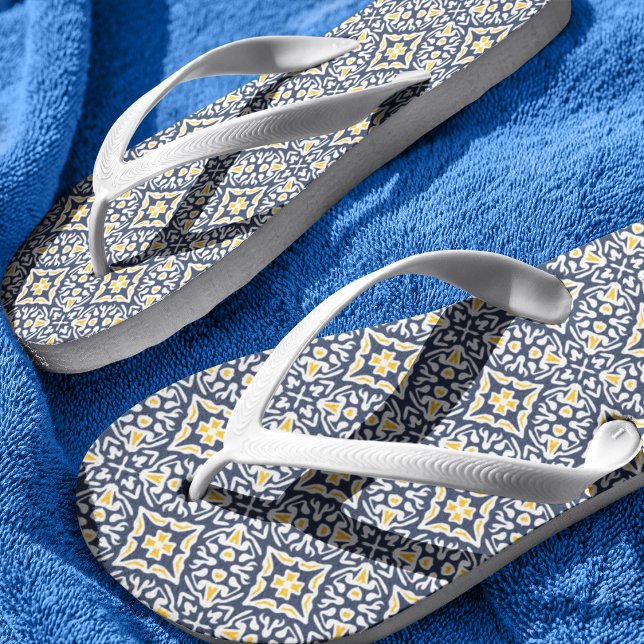 Navy and Yellow Mediterranean Pattern Flip Flops (Creator Uploaded)