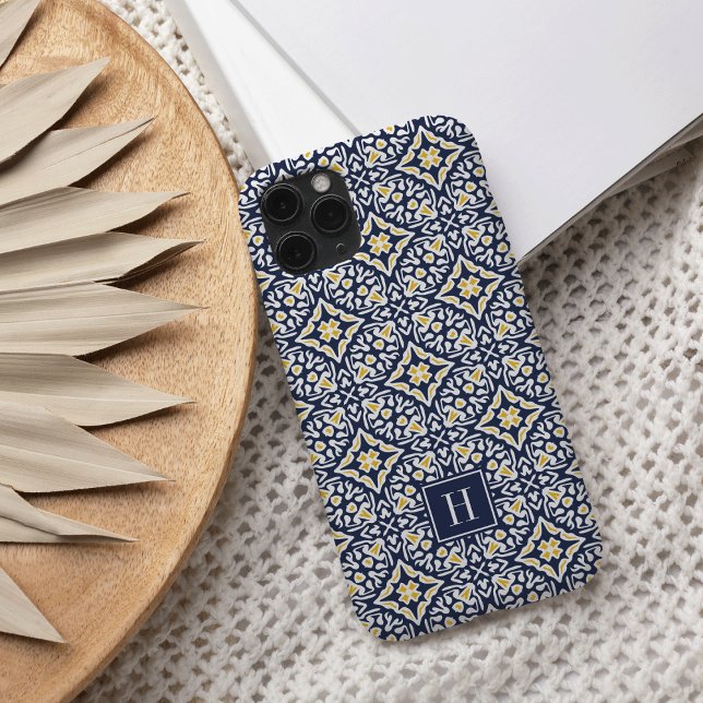 Navy and Yellow Mediterranean Pattern Monogram iPhone Case (Creator Uploaded)