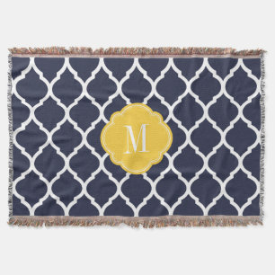 Navy and Yellow Moroccan Quatrefoil Monogram Throw Blanket