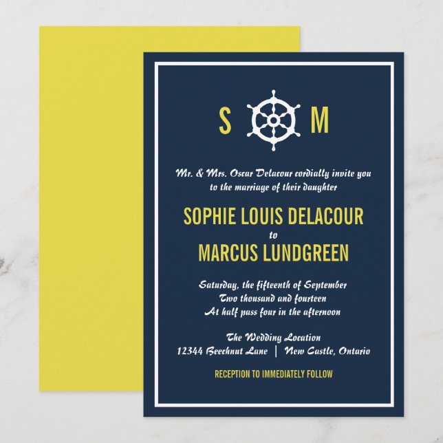 Navy and Yellow Nautical Monogram Wedding Invitation (Front/Back)