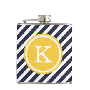 Navy and Yellow Nautical Stripes Monogram Hip Flask