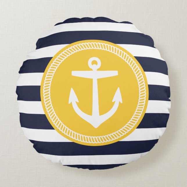 Navy and Yellow Preppy Nautical Stripes and Anchor Round Cushion (Front)