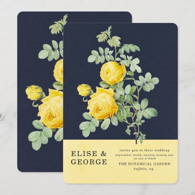Navy and Yellow Rose Romantic Spring Wedding Invitation (Front/Back)