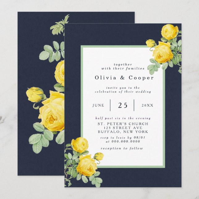 Navy and Yellow Rose Romantic Wedding Invitation (Front/Back)