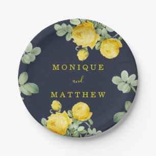 Navy and Yellow Rose Romantic Wedding Paper Plate