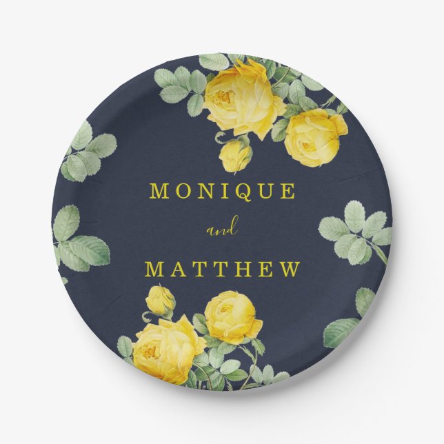 Navy and Yellow Rose Romantic Wedding  Paper Plate (Front)