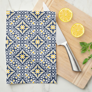 Navy and Yellow Spanish Tile Pattern Tea Towel