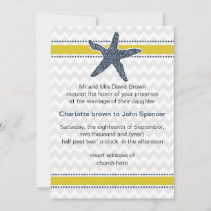 Navy and Yellow Starfish Beach Wedding Stationery Invitation