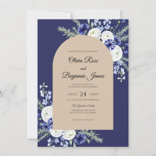 Navy Anemone Champagne Wedding Invitation