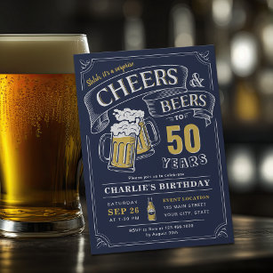 Navy Any Age Cheers And Beers Surprise Birthday Invitation