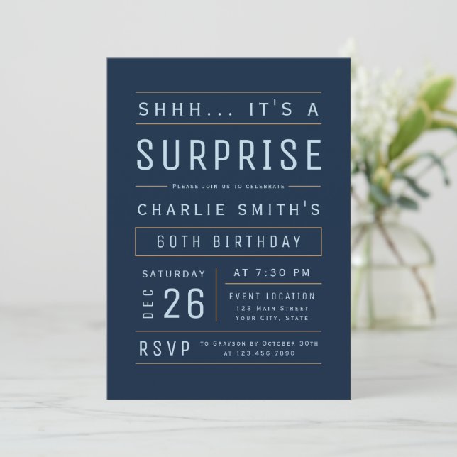 Navy Any Age Modern Typography Surprise Birthday Invitation (Standing Front)