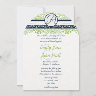 Navy Apple Green Gray Love Birds Wedding Invitation