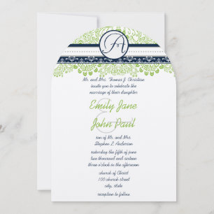 Navy Apple Green Gray Love Birds Wedding  Invitation