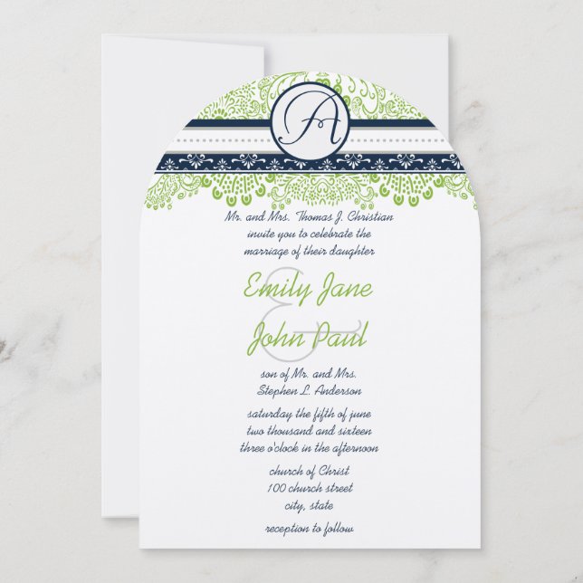 Navy Apple Green Gray Love Birds Wedding  Invitation (Back)