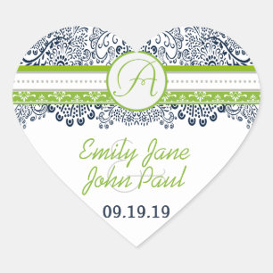 Navy Apple Green Grey Love Birds Wedding Invites Heart Sticker
