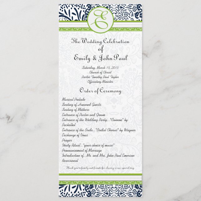 Navy Apple Green Grey Love Birds Wedding Programs Programme (Front)