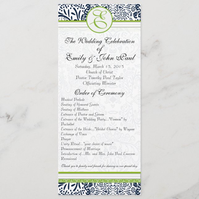 Navy Apple Green Grey Love Birds Wedding Programs Programme (Front)