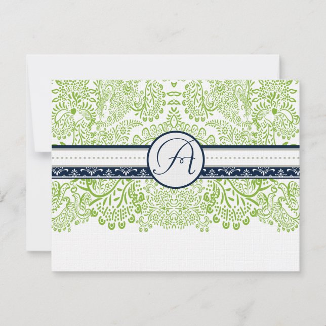 Navy Apple Green Grey Love Birds Wedding RSVP (Front)