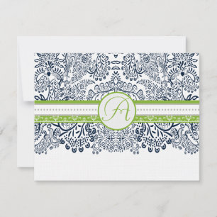 Navy Apple Green Grey Love Birds Wedding RSVP Card
