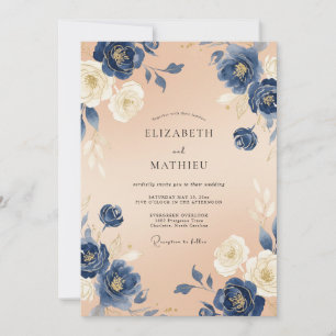 Navy Apricot Petal Wedding Invitation