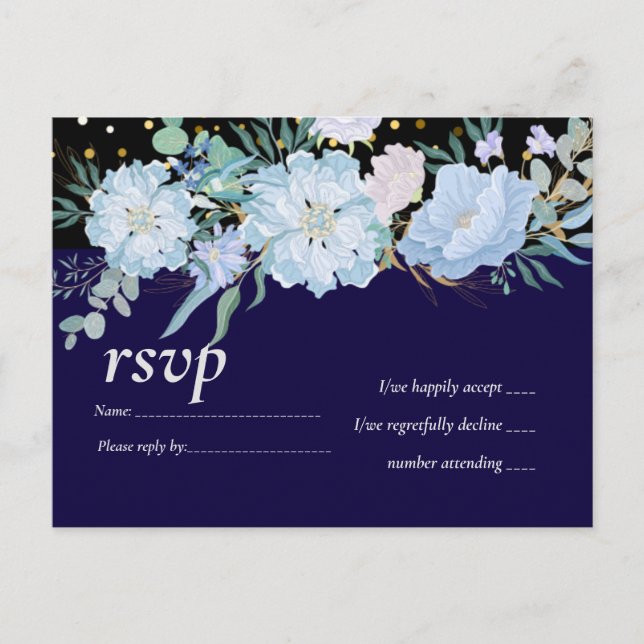 Navy Aqua Blue Floral Wedding Budget Invitation Postcard (Front)