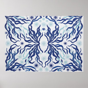 Navy Aqua Seaweed Botanical Symmetry Poster