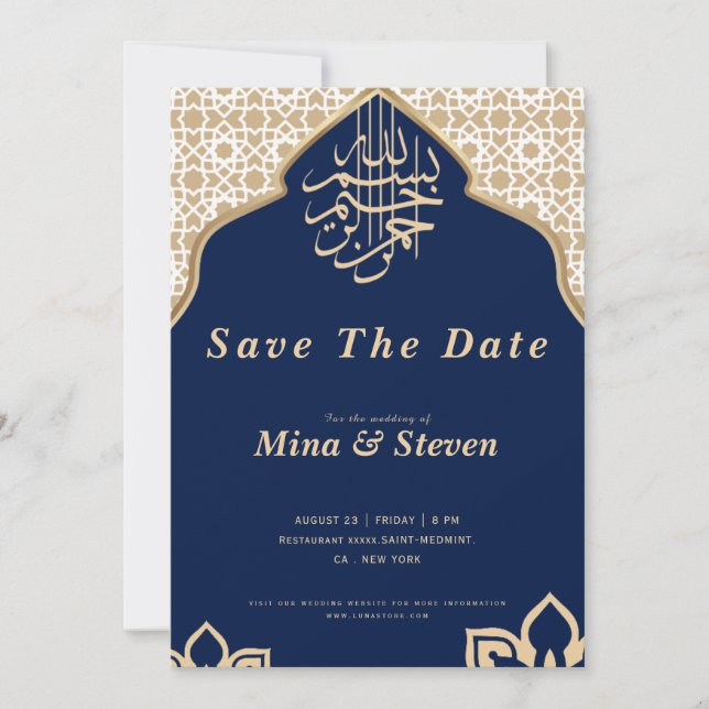 Navy Arabic Muslim Oriental golden  Save The Date (Front)