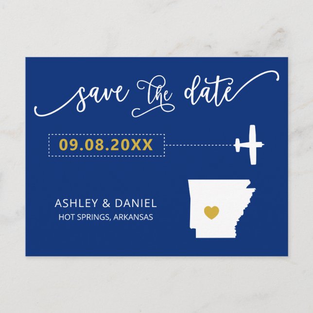 Navy Arkansas Wedding Save the Date Map Postcard (Front)