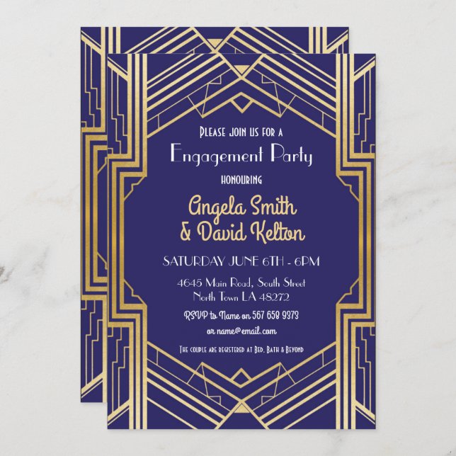 Navy Art Deco Engagement Invite Gatsby 1920 (Front/Back)