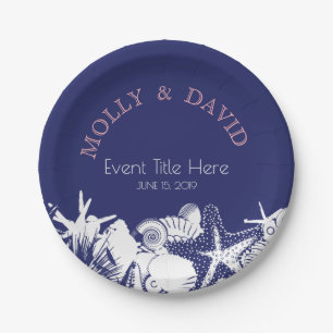 Navy Artsy Beach Seashells Personalised Party Paper Plate