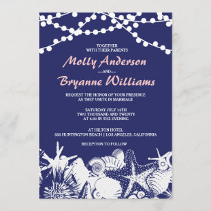 Navy Artsy Seashells String Lights Beach Wedding Invitation