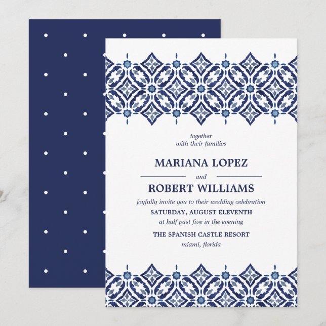 Navy Azulejo | Spanish Tile Border lace Wedding Invitation (Front/Back)
