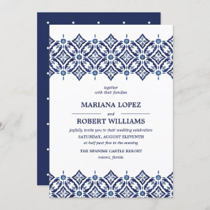 Navy Azulejo   Spanish Tile Border lace Wedding Invitation