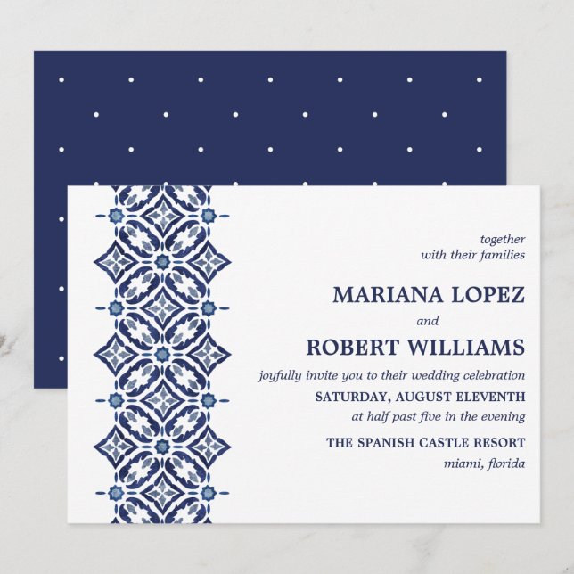 Navy Azulejo | Spanish Tile Border Wedding Invitation (Front/Back)