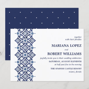Navy Azulejo   Spanish Tile Border Wedding Invitation