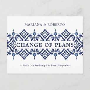 Navy Azulejo   Spanish Tile LACE CHANGE OF PLANS Announcement Postcard