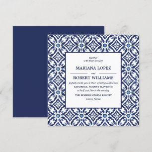 Navy Azulejo   Spanish Tile Pattern Wedding Invitation