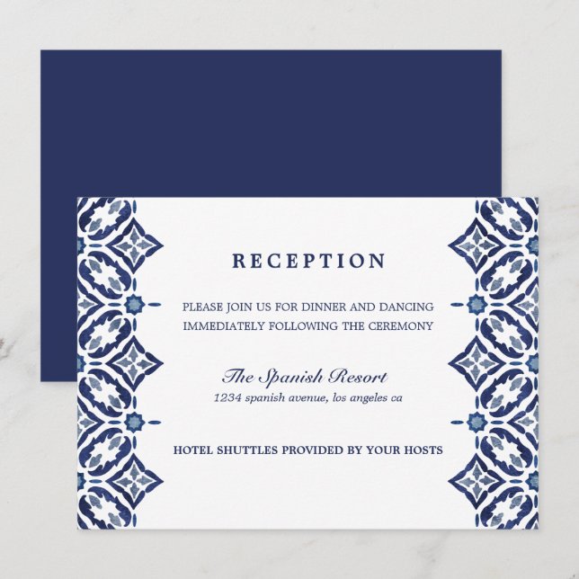 Navy Azulejo | Spanish Tile wedding Reception Invitation (Front/Back)