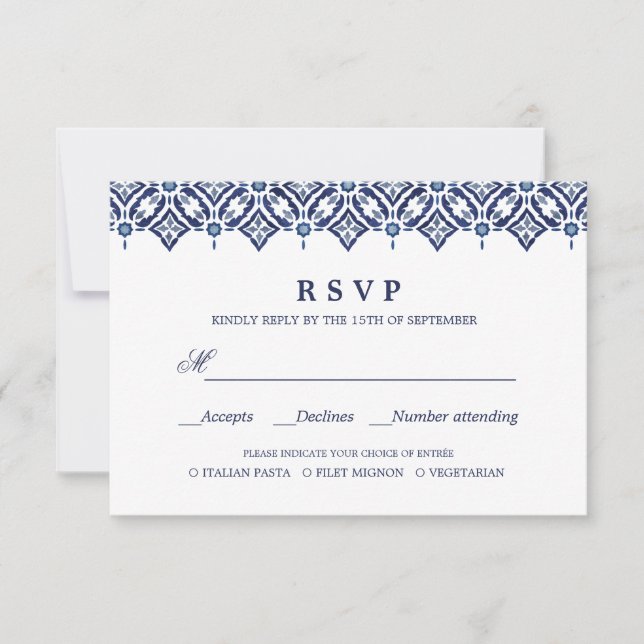 Navy Azulejo | Spanish  WEDDING RSVP MEAL CHOICE Card (Front)