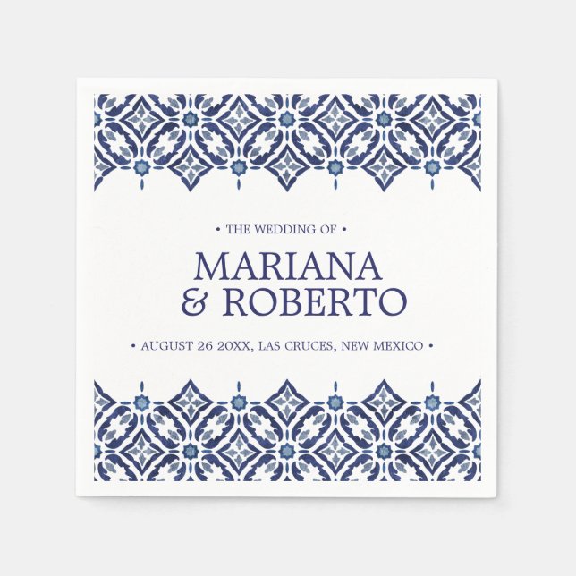 Navy Azulejos | Spanish tile border personalised Napkin (Front)