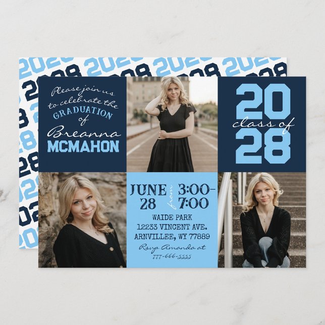 Navy & Baby Blue 3 Photo Graduation Invitation (Creator Uploaded)