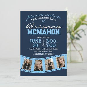 Navy & Baby Blue Filmstrip 5 Photo Graduation Invitation