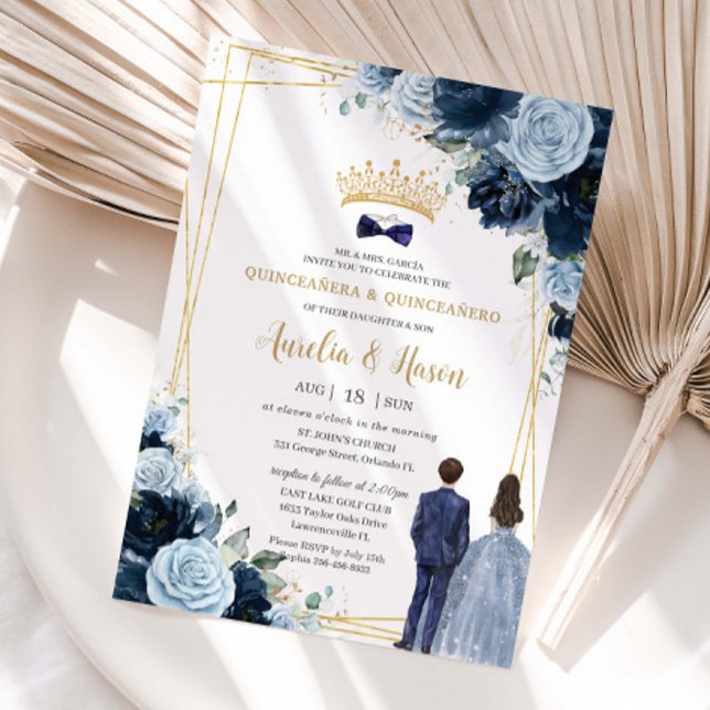 Navy Baby Blue Floral Twins Boy Girl Quinceanera Invitation (Creator Uploaded)