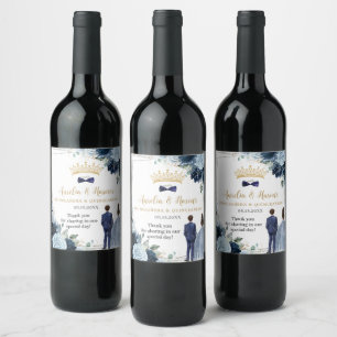 Navy Baby Blue Floral Twins Boy Girl Quinceanera Wine Label