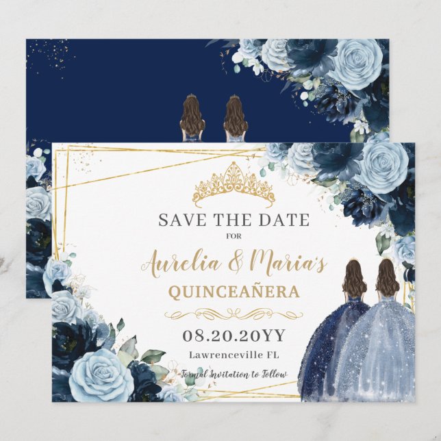 Navy Baby Blue Floral Twins Quinceanera Sweet 16 Save The Date (Front/Back)