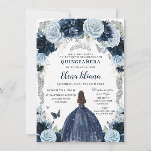 Navy Baby Blue Floral Vintage Silver Quinceanera Invitation
